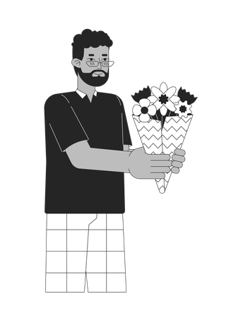 Hombre afroamericano con ramo de flores  Ilustración