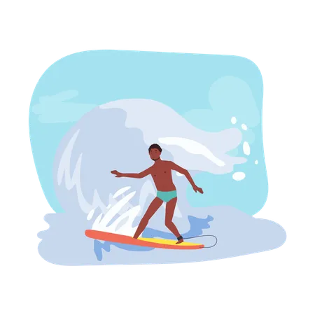 Hombre afroamericano surfeando con tabla de surf en Big Wave  Ilustración