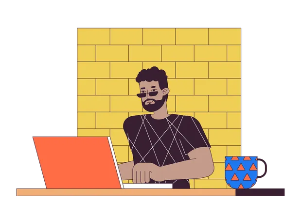 Hombre afroamericano trabajando en la computadora portátil  Ilustración