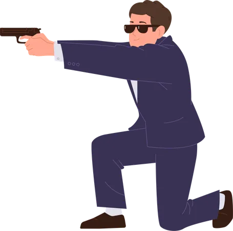 Un agente secreto con traje formal y gafas de sol apuntando con una pistola al sospechoso  Ilustración
