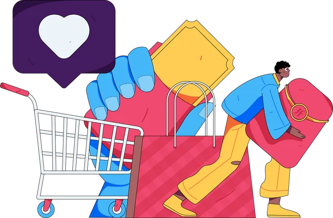 El hombre agrega productos en el carrito de compras.  Ilustración