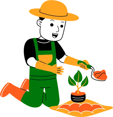 Agricultor plantando planta  Ilustración
