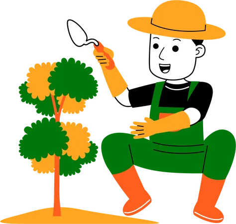 Agricultor plantando planta  Ilustración