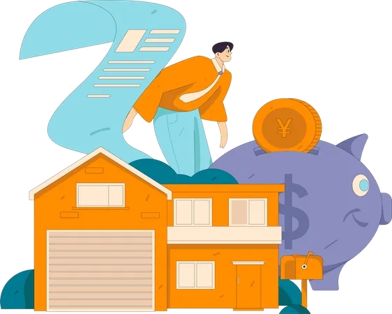 Hombre ahorra dinero para su casa mientras consigue un acuerdo de propiedad  Ilustración