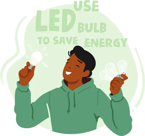 El Personaje Del Hombre Ahorra Energia Utilizando Bombillas LED Una Solucion Eficiente Y Sostenible Para La Iluminacion Que Reduce El Consumo De Electricidad Y Reduce Las Emisiones De Carbono Ilustracion De Vector De Personas De Dibujos Animados Cartel Ilustración