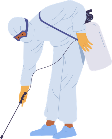 Hombre aislado esterilizando a un trabajador de servicio con traje blanco usando equipo de pistola pulverizadora  Ilustración
