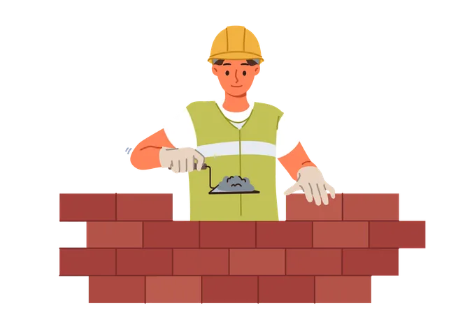El hombre albañil constructor construye una pared de ladrillos usando una paleta con mezcla de concreto para asegurar los bloques  Ilustración