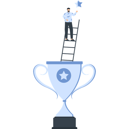 Hombre alcanzando una estrella tras ganar un trofeo  Ilustración