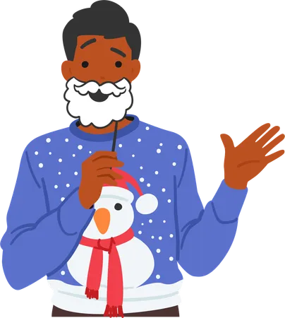 Hombre alegre con un suéter navideño festivo con muñeco de nieve  Ilustración