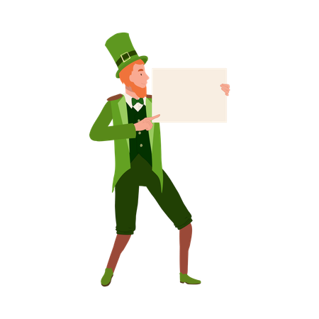 Hombre alegre disfrazado de duende con cartel en blanco  Ilustración
