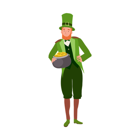 Hombre alegre disfrazado de duende con olla de oro  Ilustración