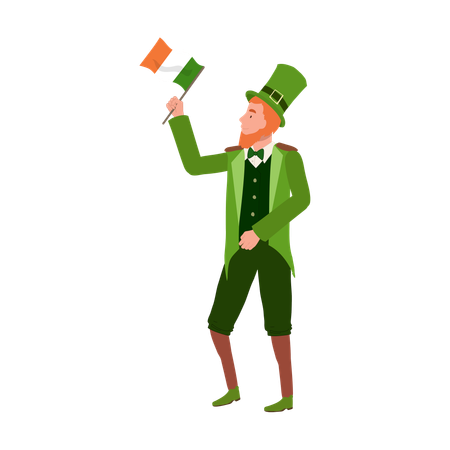 Hombre alegre disfrazado de duende sosteniendo la bandera irlandesa  Ilustración