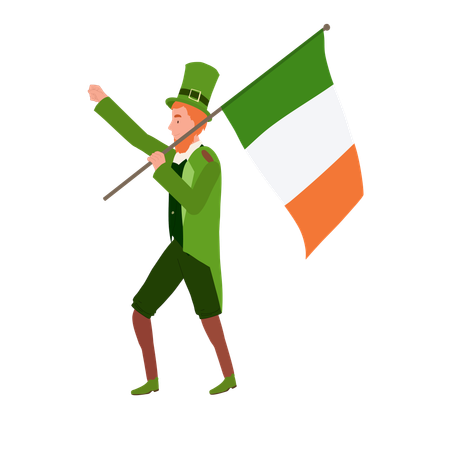 Hombre alegre disfrazado de duende sosteniendo la bandera irlandesa  Ilustración