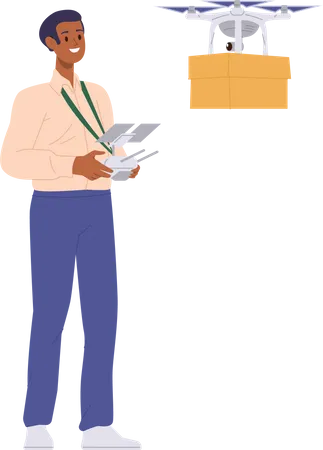 Hombre alegre operando el dispositivo de control remoto del dron de entrega que lleva la caja del paquete  Ilustración