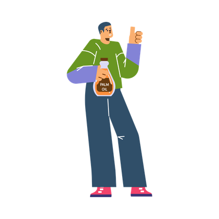 Hombre alegre sosteniendo una botella de aceite de palma y muestra un gesto con la mano perfectamente.  Ilustración