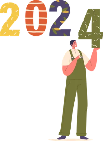 Hombre alegre tiene el número 2024  Ilustración