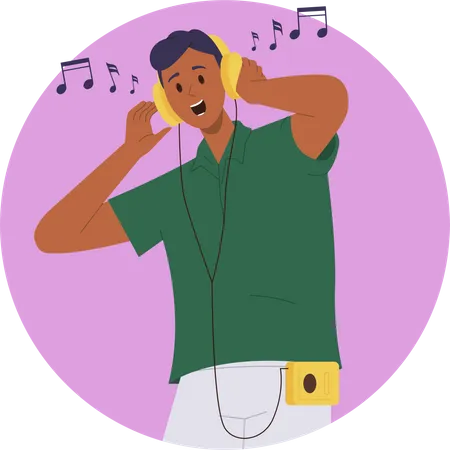 Hombre alegre usando audífonos escuchando música y bailando bajo su melodía favorita  Ilustración