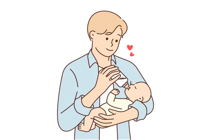 Un hombre alimenta a un bebé recién nacido que siente amor paternal por el bebé por el concepto de crianza igualitaria  Ilustración