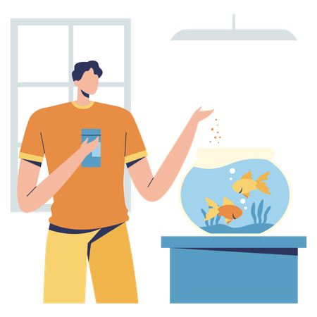 Hombre alimentando peces  Ilustración