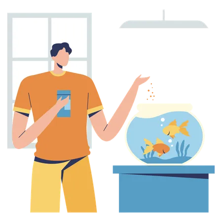 Hombre alimentando peces  Ilustración