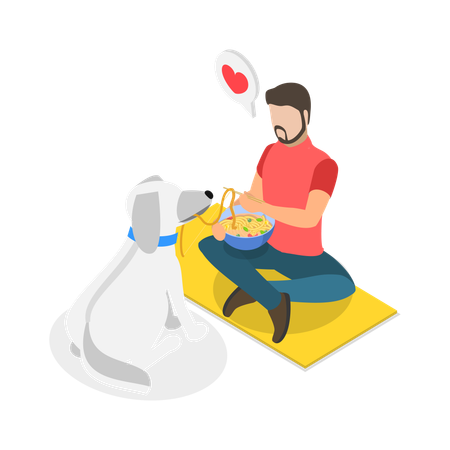 El hombre alimenta al perro mientras ama y cuida a los animales.  Ilustración