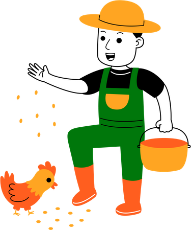 Hombre alimentando pollo  Ilustración