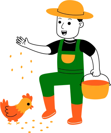 Hombre alimentando pollo  Ilustración