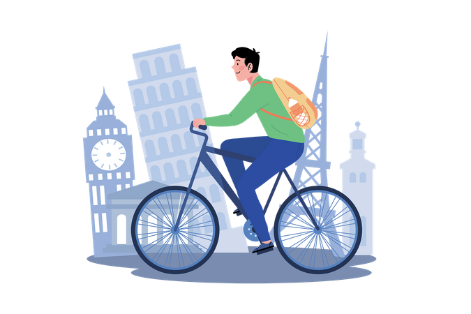 Hombre alquilando una bicicleta para explorar la ciudad.  Ilustración