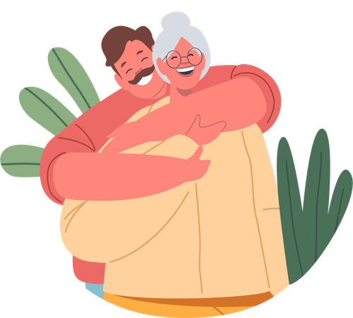 Hombre amoroso abraza a su anciana madre  Ilustración