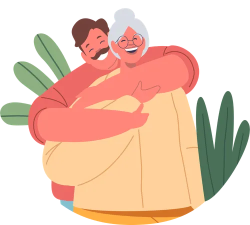 Hombre amoroso abraza a su anciana madre  Ilustración
