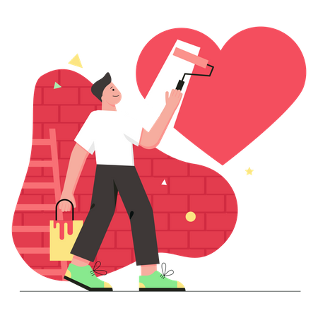 Un hombre amoroso pinta un enorme corazón rojo en la pared para su novia  Ilustración