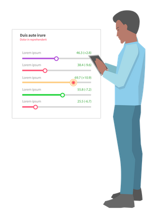 El hombre analiza la optimización seo del panel  Ilustración