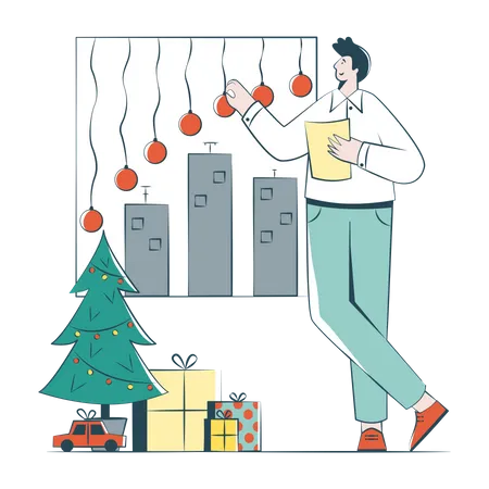 El hombre analiza los datos de ventas navideñas.  Ilustración