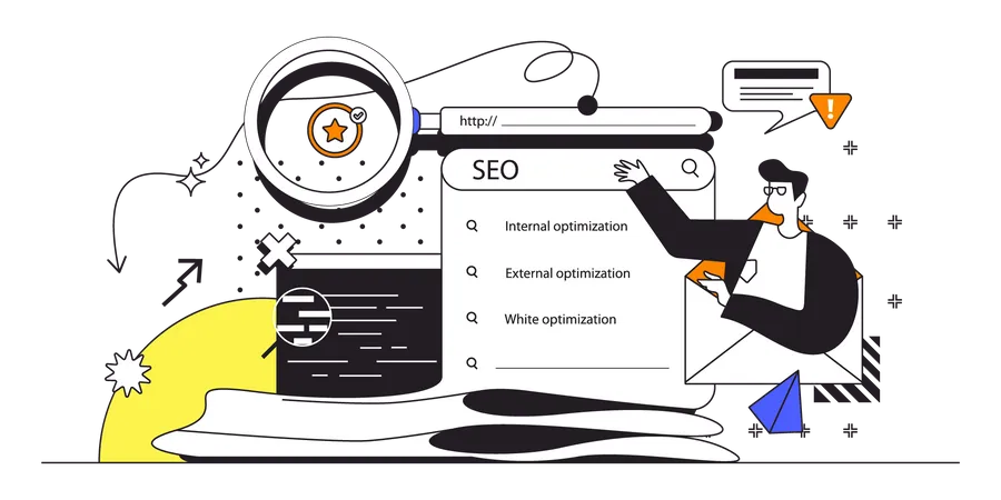 El hombre analiza datos para la optimización SEO  Ilustración