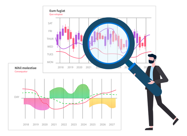 El hombre analiza el informe digital con datos.  Ilustración