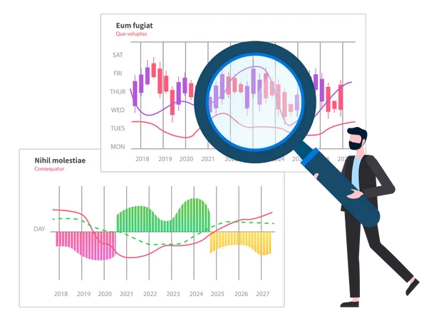 El hombre analiza el informe digital con datos.  Ilustración