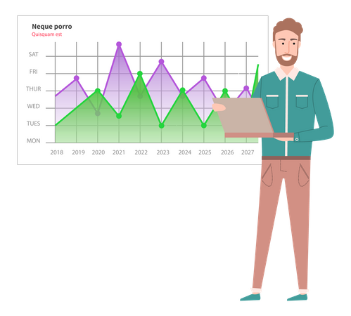 El hombre analiza el informe digital con datos.  Ilustración