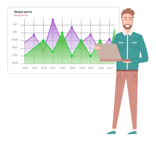 El hombre analiza el informe digital con datos.  Ilustración