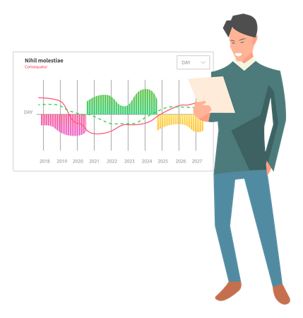 El hombre analiza el informe digital con datos.  Ilustración