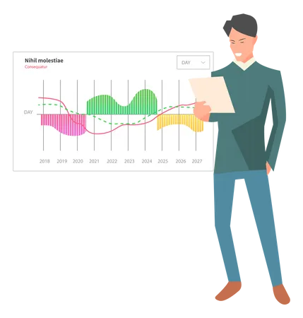 El hombre analiza el informe digital con datos.  Ilustración