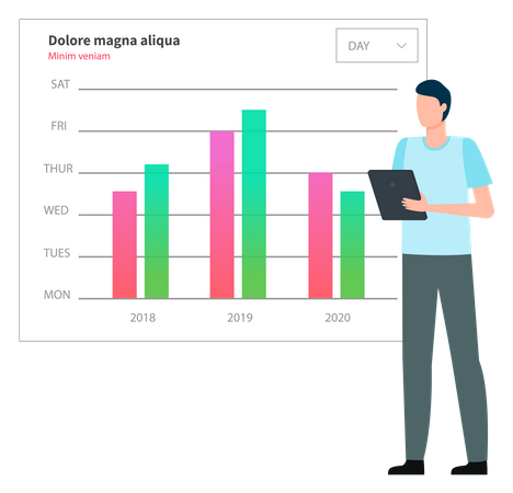 El hombre analiza el informe digital con datos.  Ilustración