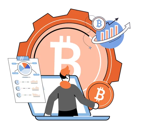 Hombre analizando bitcoin  Ilustración