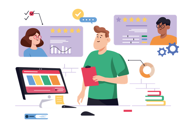 Hombre analizando la calificación del cliente  Ilustración