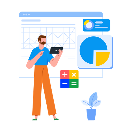 Hombre analizando datos con una tableta en un entorno de oficina moderno  Ilustración