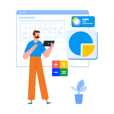 Hombre analizando datos con una tableta en un entorno de oficina moderno  Ilustración