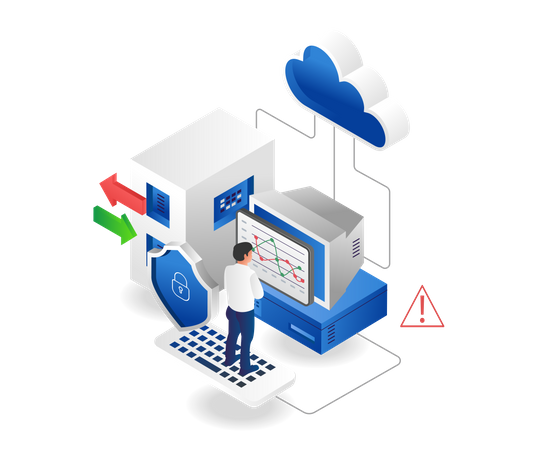 Hombre analizando datos del servidor en la nube  Ilustración