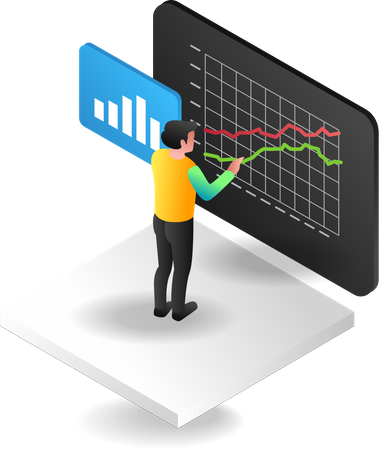 Hombre analizando datos en el monitor  Ilustración