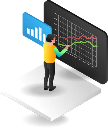 Hombre analizando datos en el monitor  Ilustración