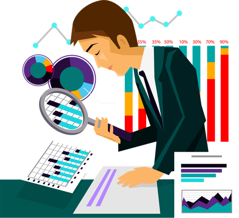 Hombre analizando datos y estadísticas empresariales.  Ilustración