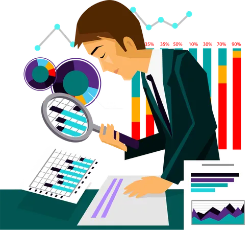 Hombre analizando datos y estadísticas empresariales.  Ilustración